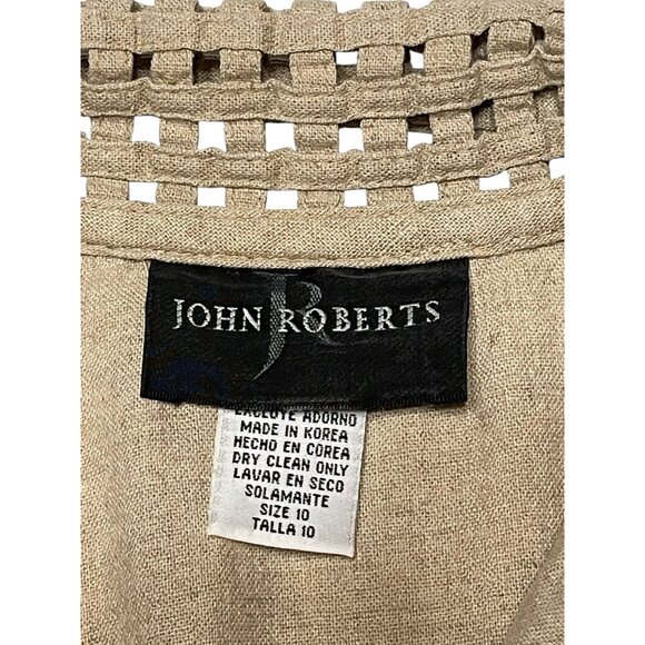 John Roberts Beige Button-Down Midi Dress Size 10 Linen/Rayon Blend Woven Trim S - Picture 4 of 15